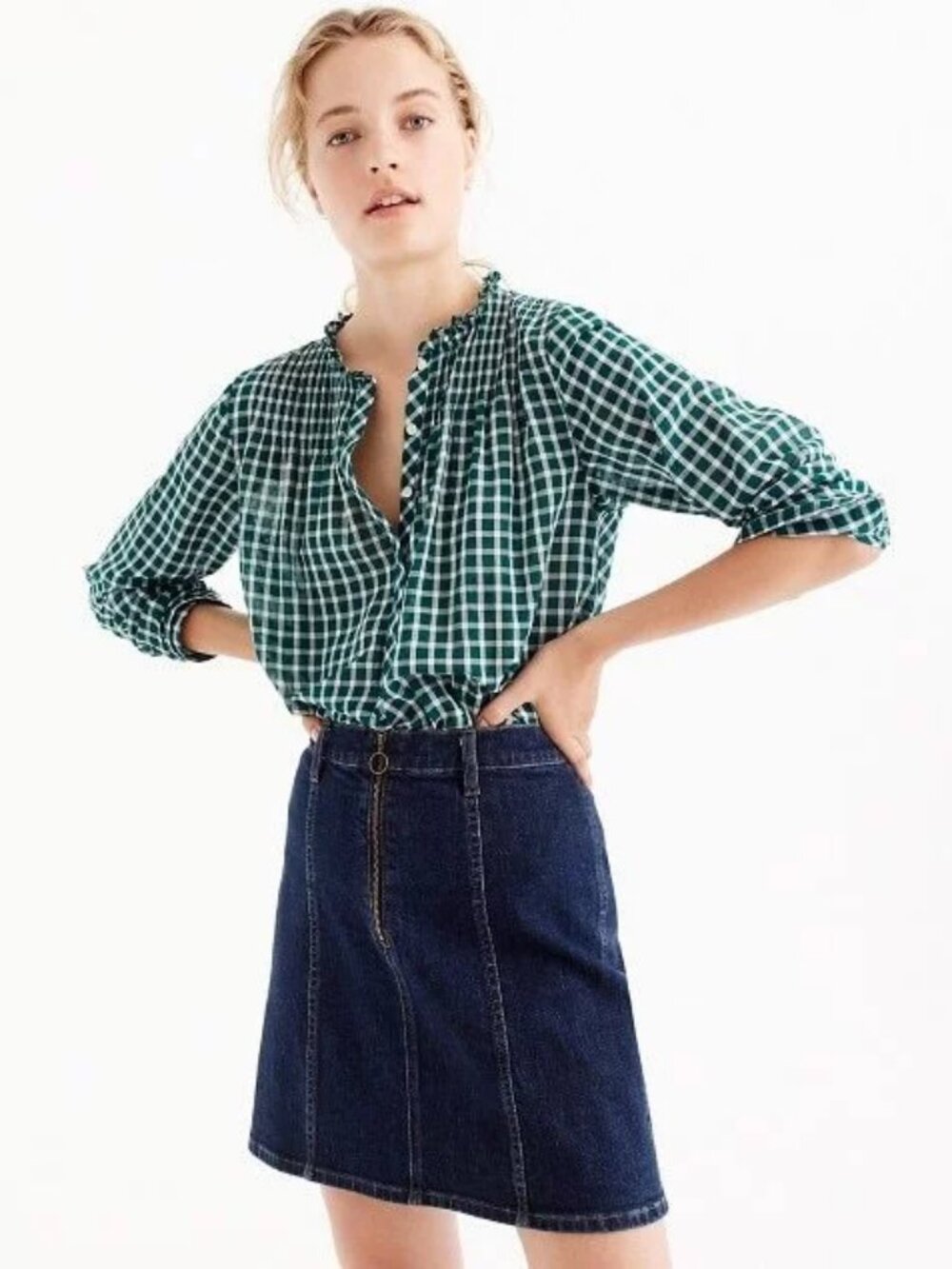 J.Crew #G9864 Green White Gingham Check Pintuck Popover Blouse 0 XS